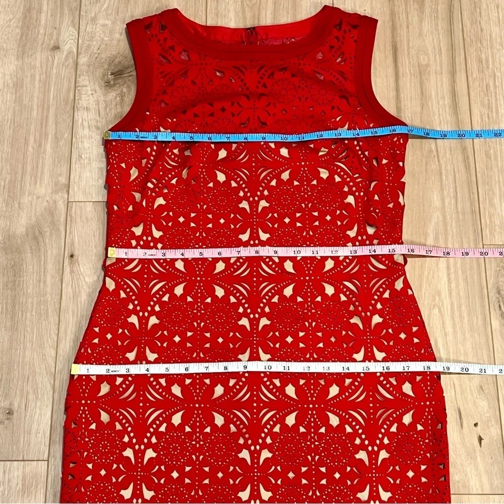 Tadashi Shoji Red Laser Cut Suede Sheath Knee Length Dress Size medium - Picture 12 of 16